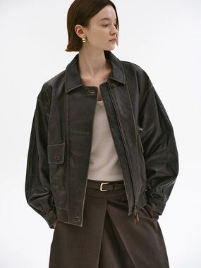 Source Unknown GEVA FADED LAMBSKIN BOMBER JACKET, BROWN OS